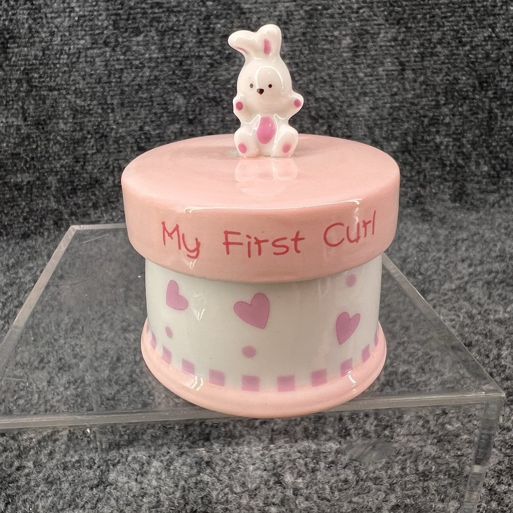 Widdle Ones Baby's First Tooth/Curl Keepsake Box Set Ceramic Pink Rabbits
